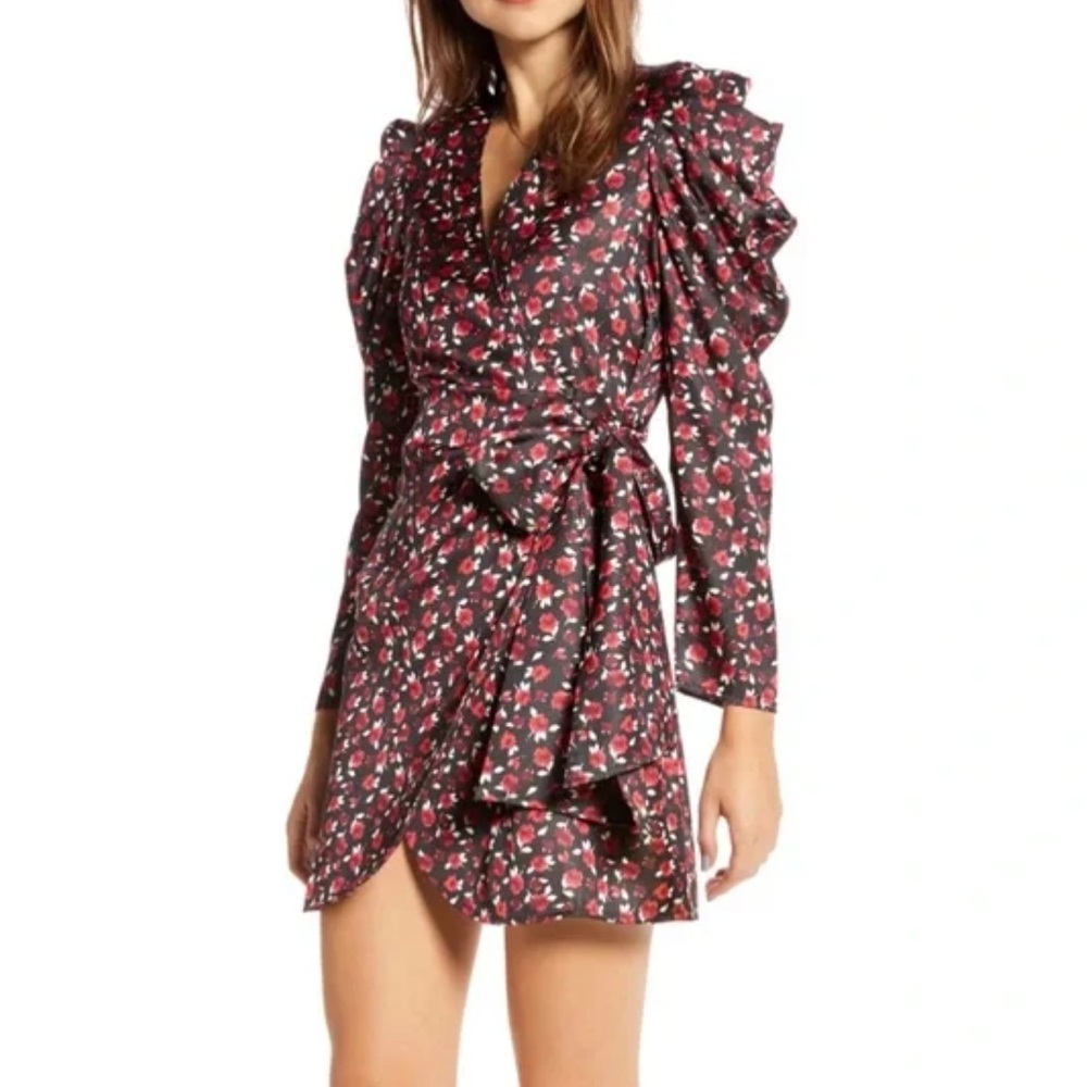 Something Navy Revolve Satin Black Red Floral Wrap Dress Rose Ditsy Print Mini S